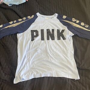 PINK Victoria's Secret Blue and Gold Long Sleeve Tee